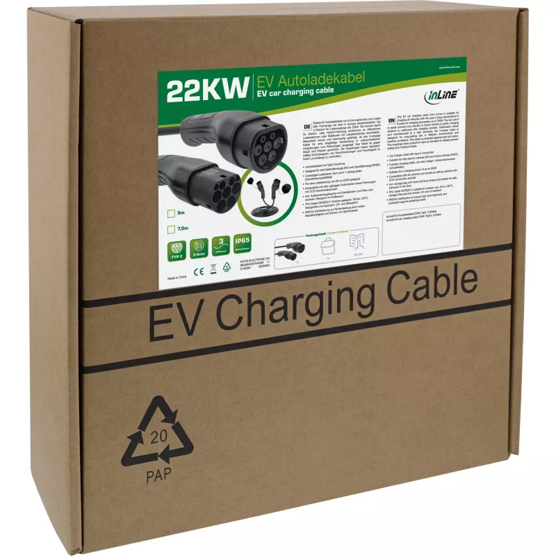 InLine Cable de carga EV 22 kW Tipo 2, 3 fases, 7,5 m