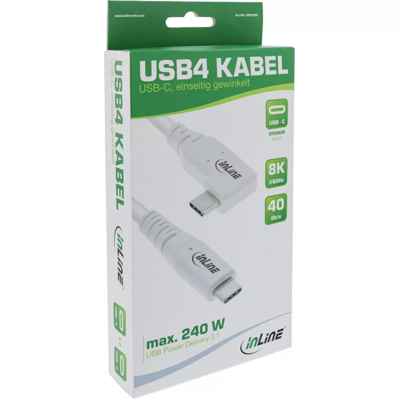 Cable USB4 InLine, USB-C, acodado en un lado, PD 240W, 8K60Hz, TPE, blanco, 0,5 m