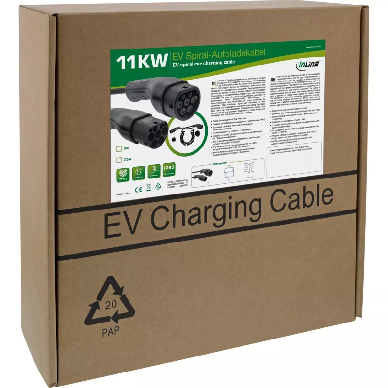 InLine EV cable en espiral cable de carga 11kW Tipo2, 3 fases, 7,5m