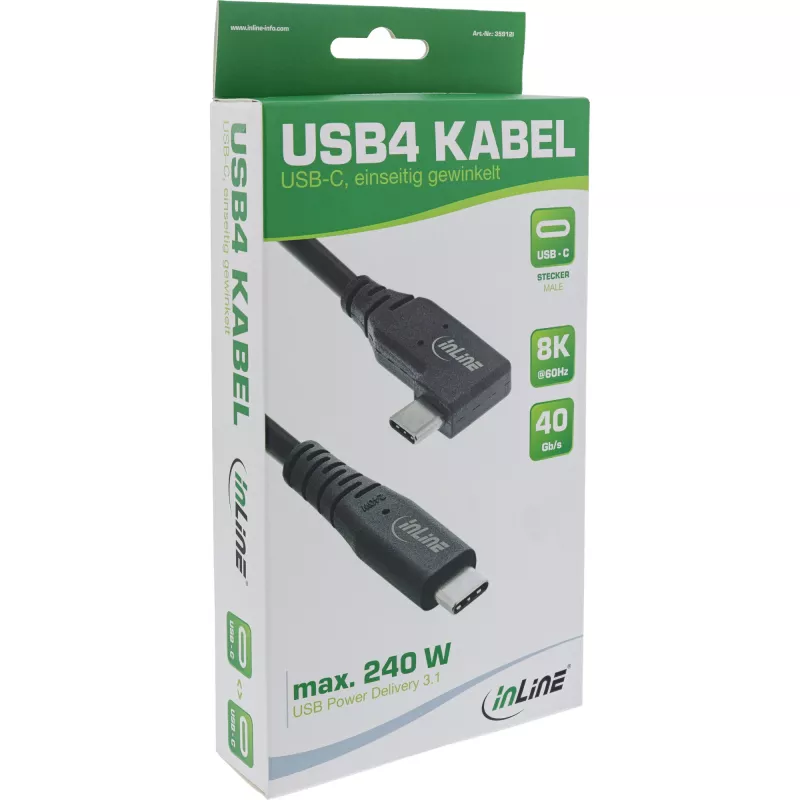 Cable USB4 InLine, USB-C, acodado en un lado, PD 240W, 8K60Hz, TPE, negro, 0,5m