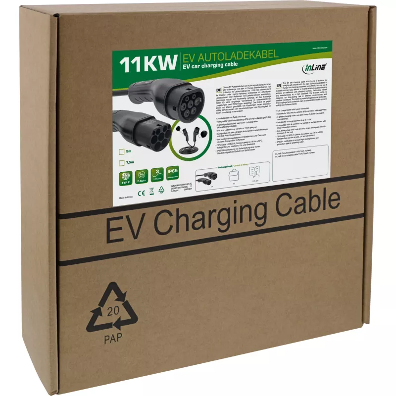 InLine Cable de carga EV 11kW Tipo2, 3 fases, 7,5m
