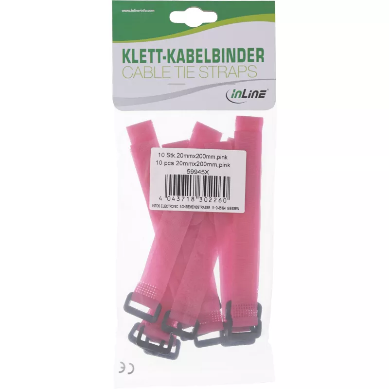 Bridas de cable con cierre de velcro InLine 20 x 200 mm, 10 uds., rosa