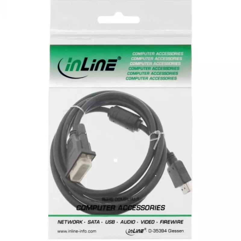 Cable HDMI-DVI InLine 19 pines macho / 18+1 macho + núcleo de ferrita negro 1,8 m