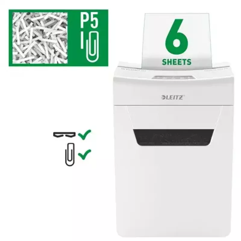 Destructora de documentos LEITZ IQ Protect Premium 6M P5 – microcorte, 18 L, control táctil, 351×204×355 mm
