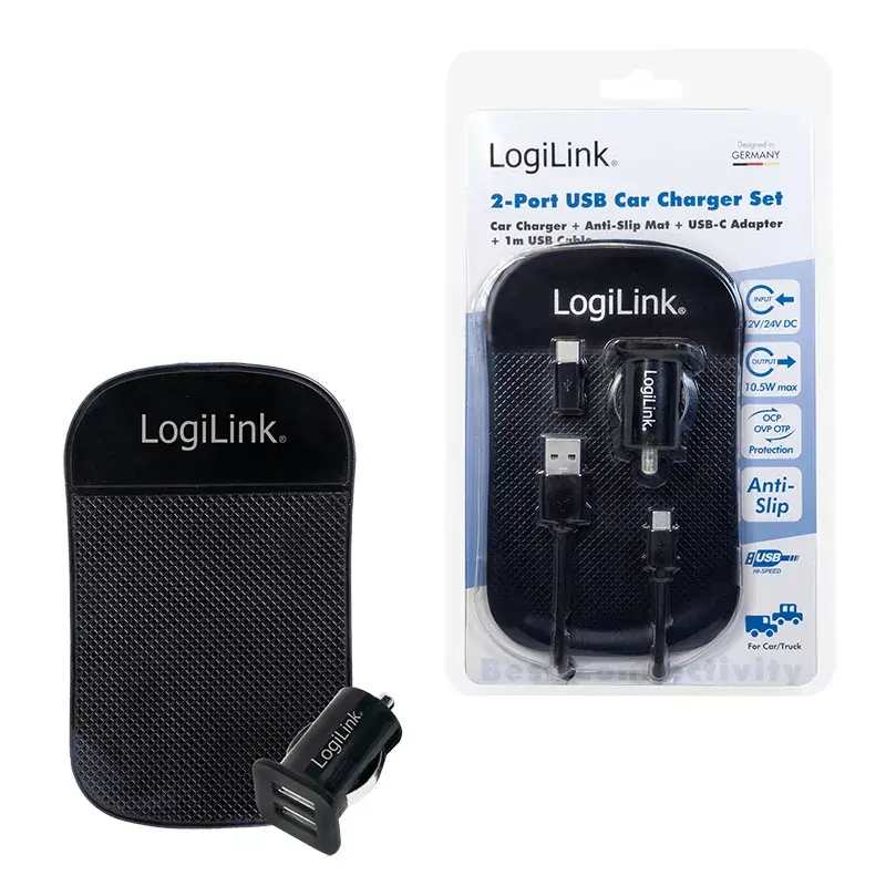 Cargador de coche universal LogiLink PA0204, 2 x USB, 10,5 W, 2,1 A, indicador LED, negro
