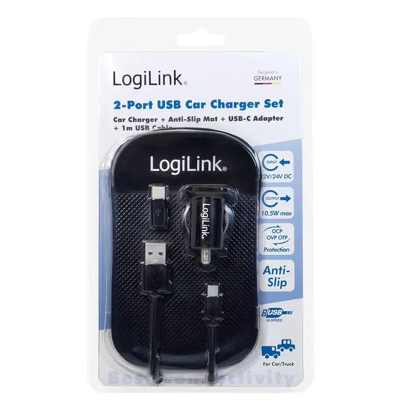 Cargador de coche universal LogiLink PA0204, 2 x USB, 10,5 W, 2,1 A, indicador LED, negro