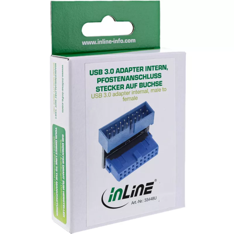 Adaptador USB 3.0 InLine interno, conexión conector macho/conector hembra, en ángulo hacia abajo