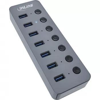 Hub USB 3.2 Gen.1 InLine, 7 puertos, con interruptor, aluminio, gris, con fuente de alimentación