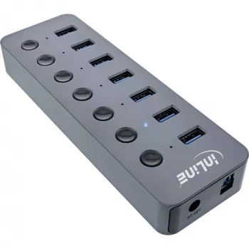 Hub USB 3.2 Gen.1 InLine, 7 puertos, con interruptor, aluminio, gris, con fuente de alimentación