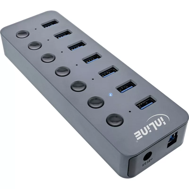 Hub USB 3.2 Gen.1 InLine, 7 puertos, con interruptor, aluminio, gris, con fuente de alimentación