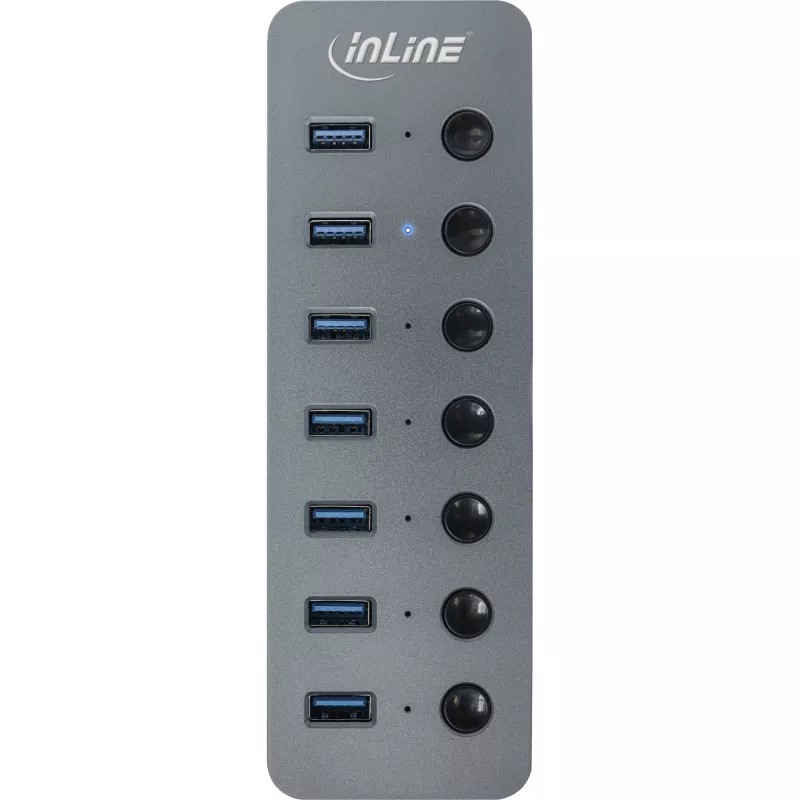 Hub USB 3.2 Gen.1 InLine, 7 puertos, con interruptor, aluminio, gris, con fuente de alimentación