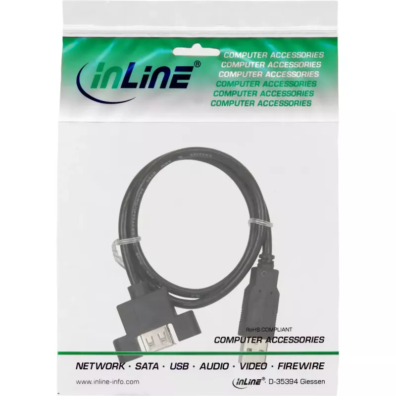 InLine Cable USB 2.0 A macho a A hembra para chapa de ranura, 0,6 m, negro, pack a granel de 120 unidades