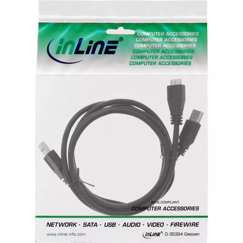 Cable en Y USB 3.2 Gen.1 InLine 2x conector Type-A macho / conector micro-B macho, negro, 1,5m