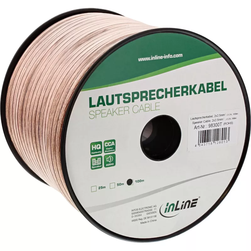 Cable de altavoz InLine 2x 2,5mm² CCA transparente 50m