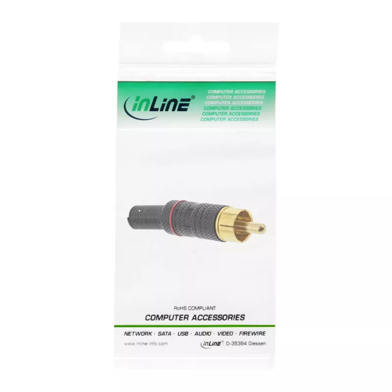 InLine Conector macho RCA metálico para soldar, negro, anillo rojo, para cable de 6 mm