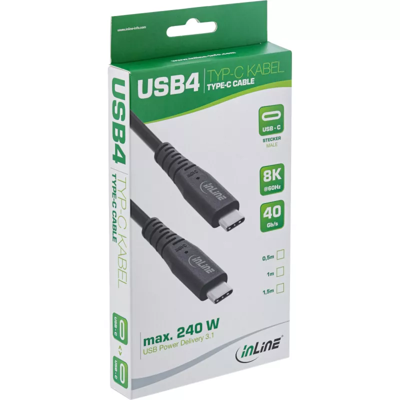 Cable USB4 InLine, USB-C macho/macho, PD 240W, 8K60Hz, TPE negro 1,5 m