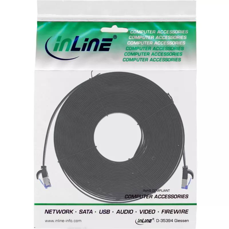 Cable de red plano InLine, U/FTP, Cat.6A, TPE libre de halógenos, negro, 7,5 m