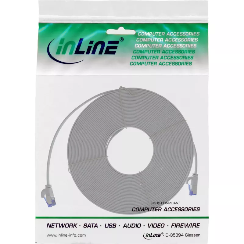 Cable de red plano InLine, U/FTP, Cat.6A, TPE libre de halógenos, gris, 15 m