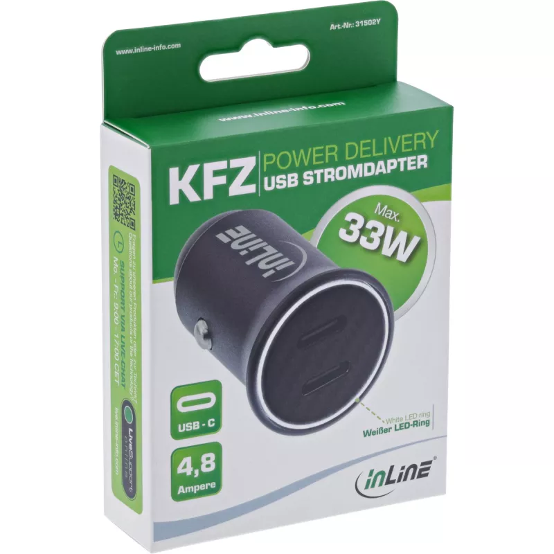 Adaptador de carga para coche InLine USB Power Delivery, 2x USB-C, negro