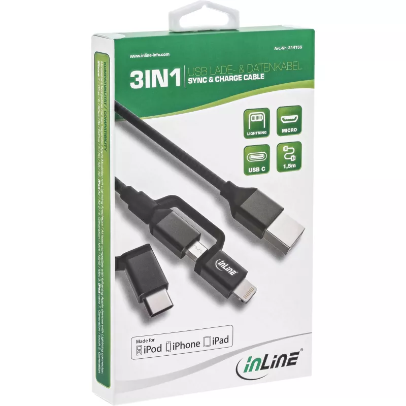 Cable USB 3 en 1 InLine, USB-A macho a Micro-USB+USB-C+Lightning, negro/aluminio