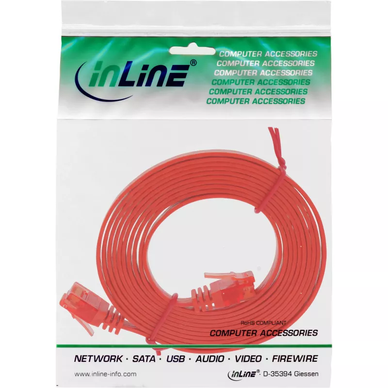 Cable de red plano ultraslim U/UTP Cat.6 Gigabit rojo 3 m InLine
