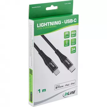 Cable USB-C a Lightning InLine, para iPad, iPhone, iPod, negro/aluminio, 2 m MFi