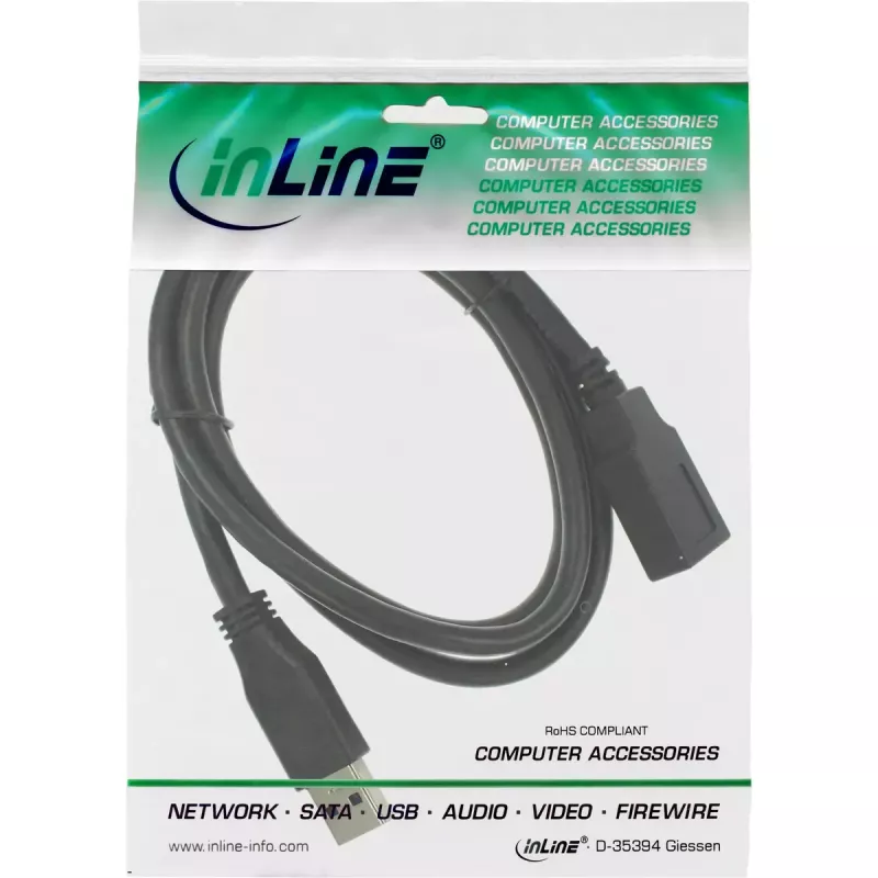 InLine B-35610 Cable alargador USB 3.2 A macho/hembra, negro, 1 m, pack a granel de 80
