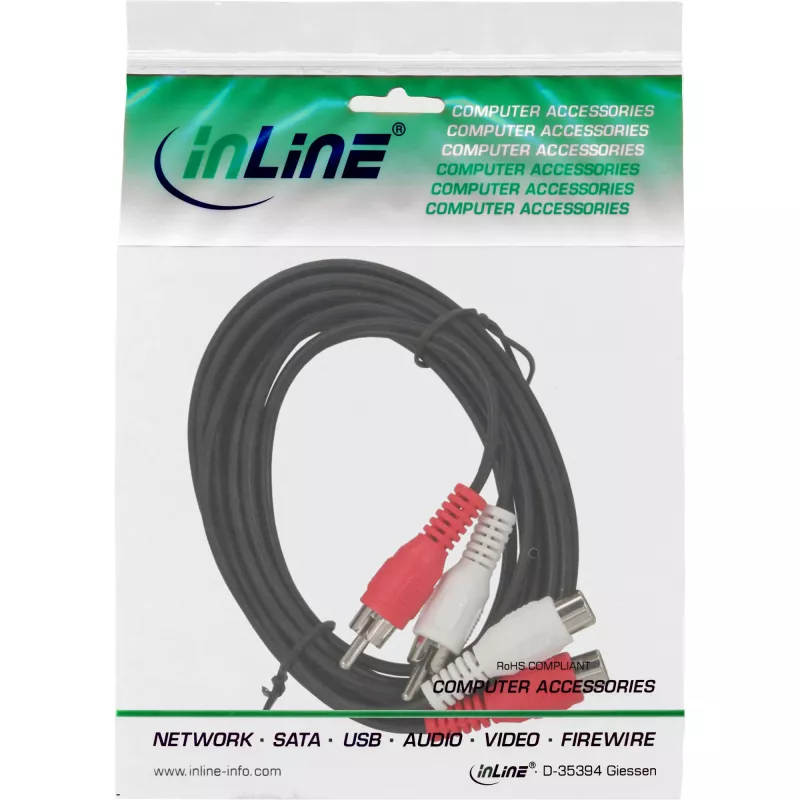 Cable de audio InLine 2x conector RCA / conector hembra 2,5 m, conector macho, 2 x RCA, conector hembra, 2,5 m, negro