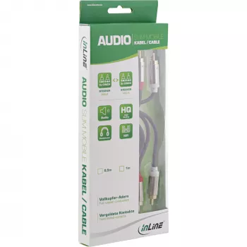 Cable de audio InLine fino 2x RCA macho/macho, estéreo, 0,5 m, 2 x RCA, conector macho, 2 x RCA + USB, conector macho, 0,5 m, negro