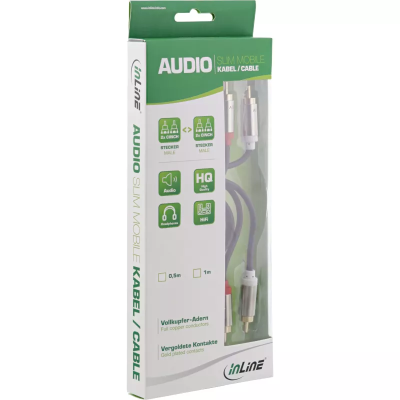 Cable de audio InLine fino 2x RCA macho/macho, estéreo, 0,5 m, 2 x RCA, conector macho, 2 x RCA + USB, conector macho, 0,5 m, negro