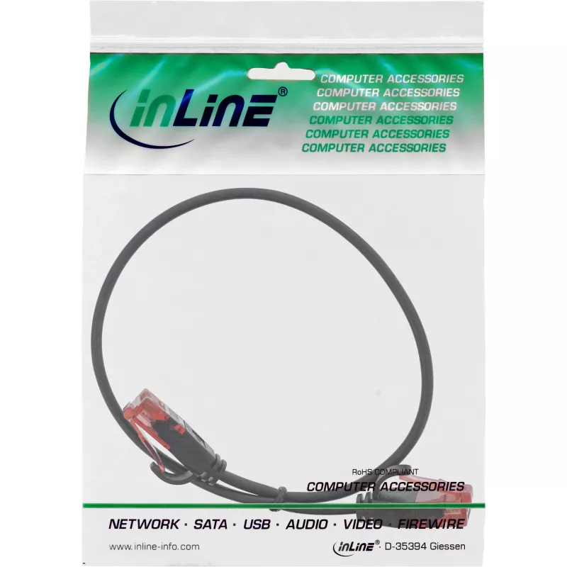 Cable de red fino InLine, U/UTP, Cat.6, negro, 0,3m