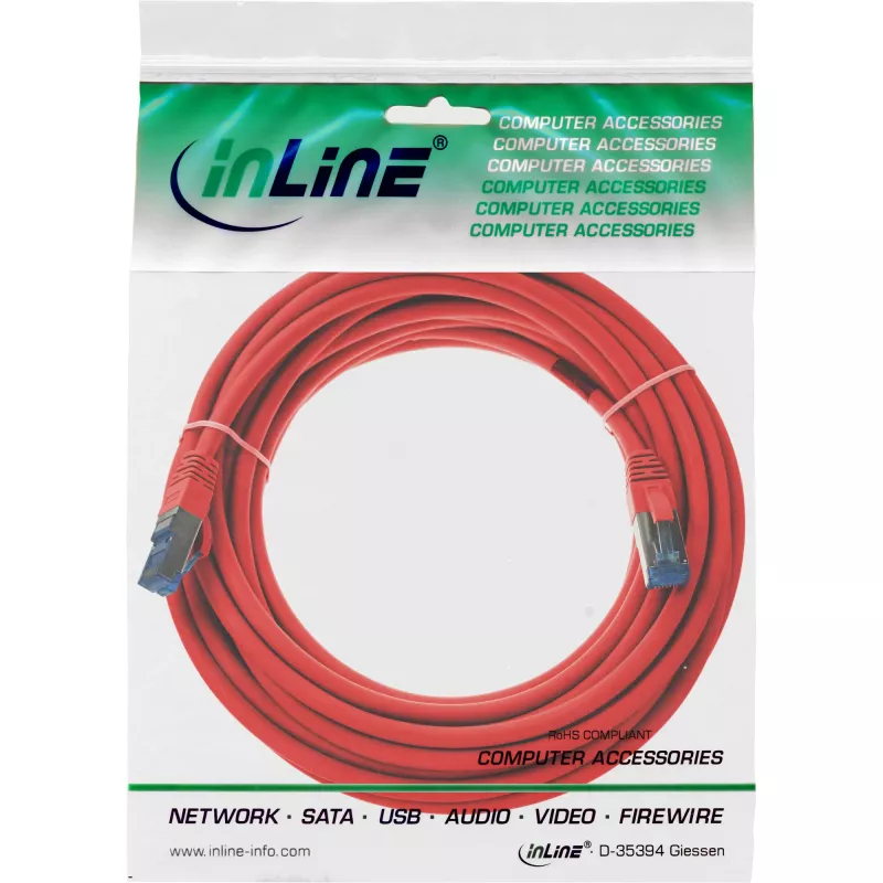 Cable de parcheo InLine S/FTP PiMF Cat.6A libre de halógenos 500MHz rojo 15m