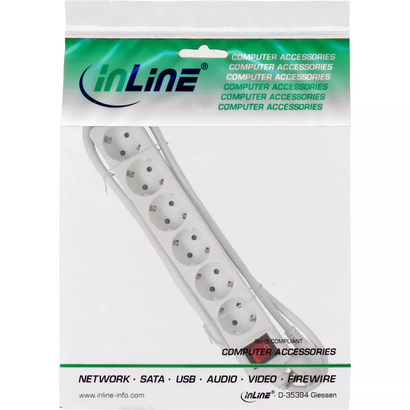 Regleta de enchufes InLine, 6 tomas schuko CEE 7/3, blanca, 3 m