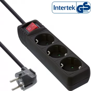 Regleta de enchufes InLine, 3 tomas schuko CEE 7/3, con interruptor, negra, 5 m