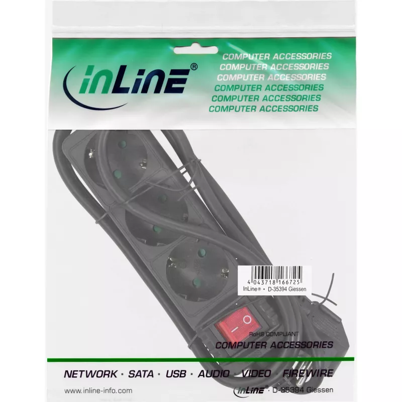 Regleta de enchufes InLine, 3 tomas schuko CEE 7/3, con interruptor, negra, 5 m