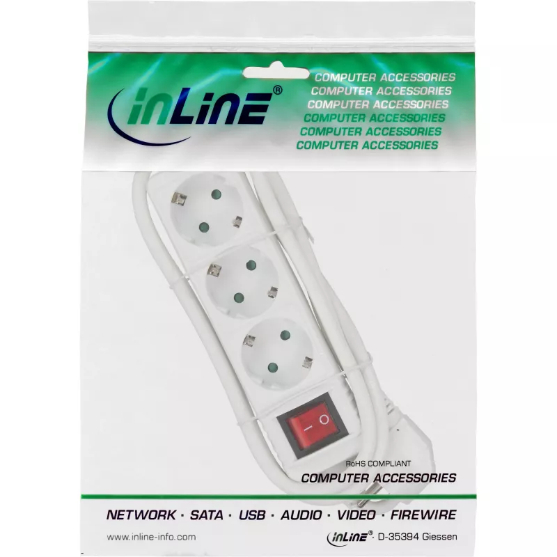 Regleta de enchufes InLine, 3 tomas schuko CEE 7/3, con interruptor, blanca, 5 m