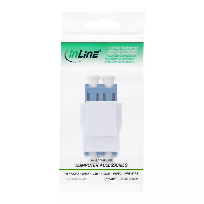Adaptador keystone snap-in FO InLine blanco, dúplex LC/LC, SM, casquillo cerámico, azul