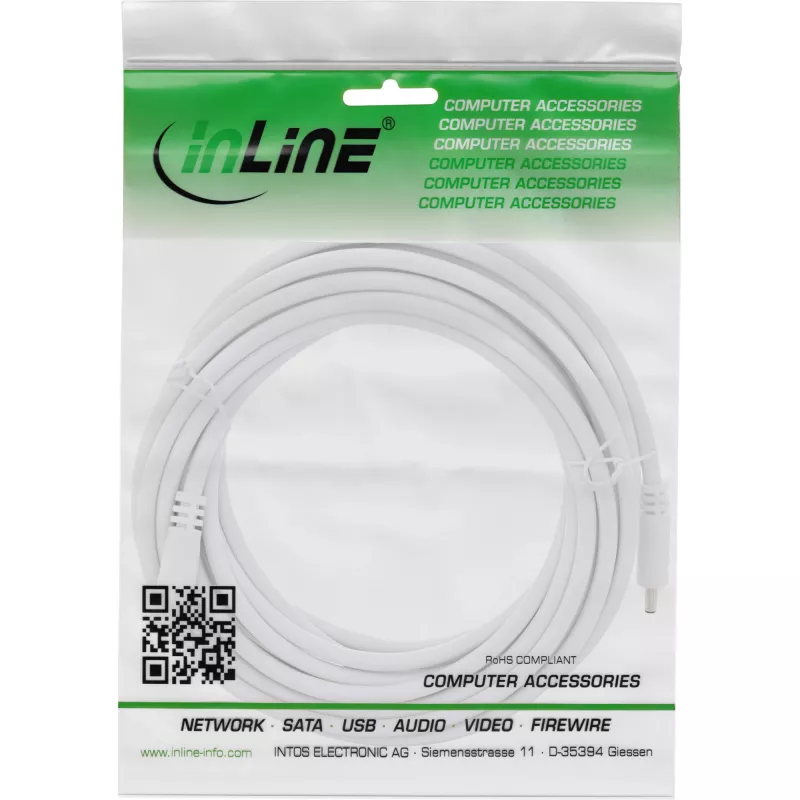 Cable alargador DC InLine, conector macho/hembra DC 3,5x1,35 mm, AWG 18, blanco 5 m