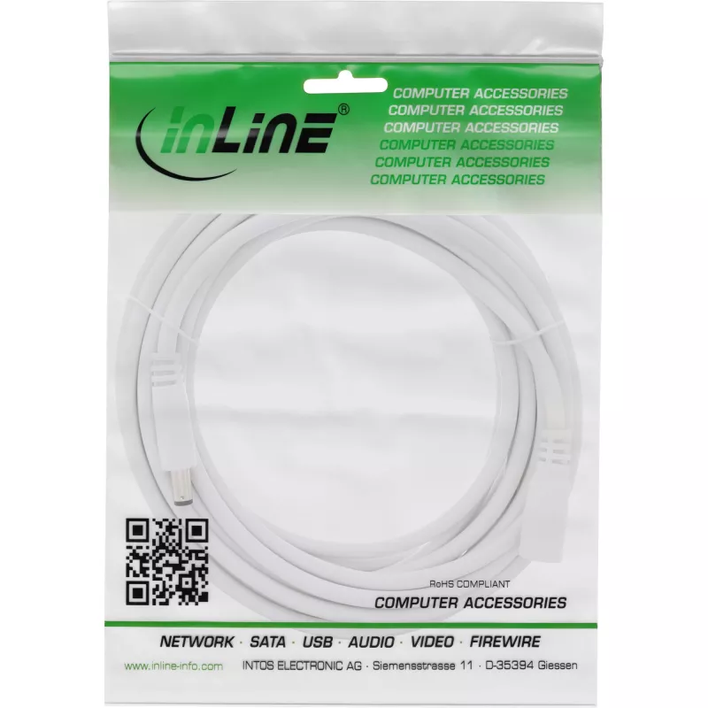 Cable de extensión DC InLine, conector macho/hembra DC 5,5x2,5mm, AWG 18, blanco 3m