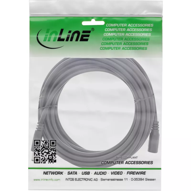 Cable de extensión DC InLine, conector macho/hembra DC 5,5x2,5mm, AWG 18, negro 5m