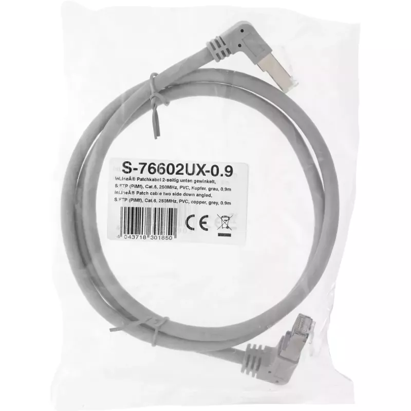 Cable de red InLine acodado en ambos extremos, S/FTP (PiMf), Cat.6, 250 MHz, PVC, cobre, gris, 1,1 m