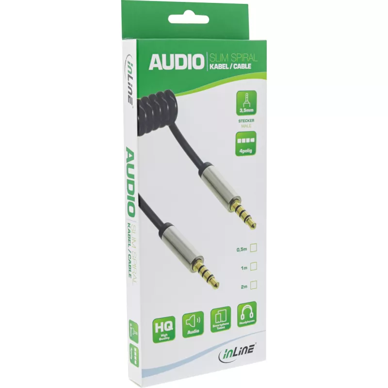 Cable de audio en espiral fino InLine 3,5 mm conector macho / conector macho 4 polos estéreo 1 m