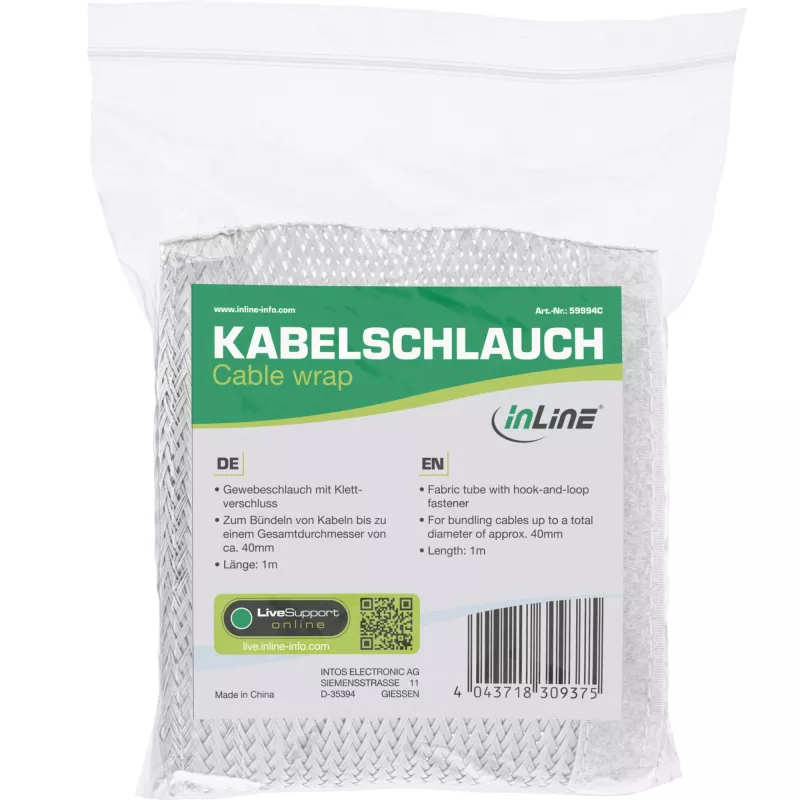 InLine Funda de tela para cables con cierre de velcro, 1 m x 40 mm, blanco