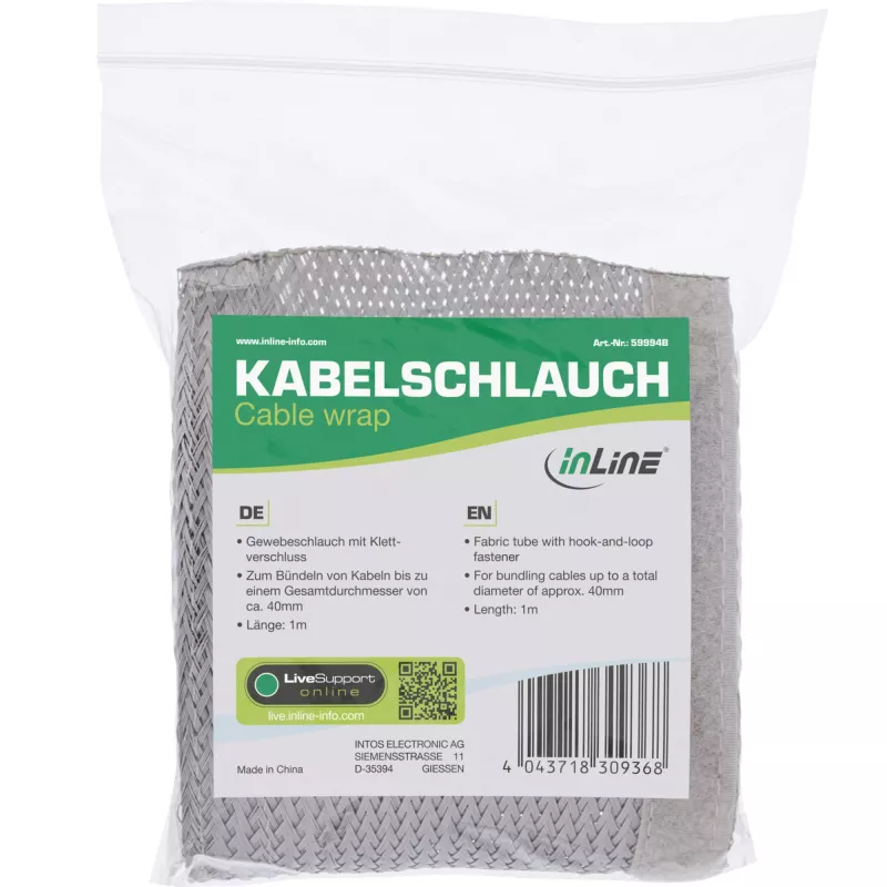 InLine Funda de tela para cables con cierre de velcro, 1 m x 40 mm, gris