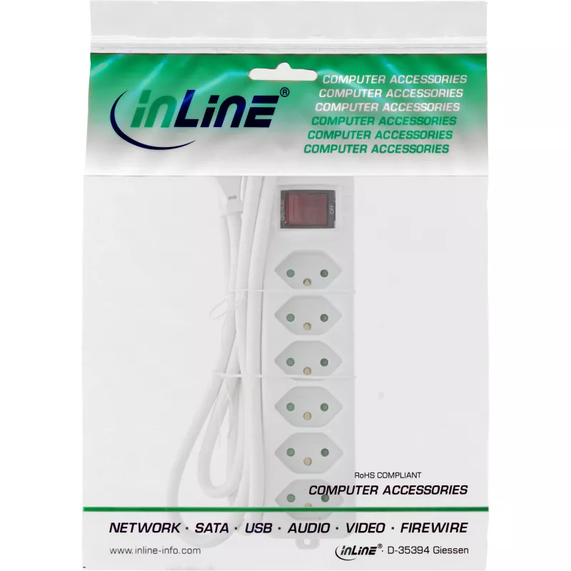 InLine regleta de enchufes SUIZA, 6 tomas, con interruptor, 1,5 m, blanco