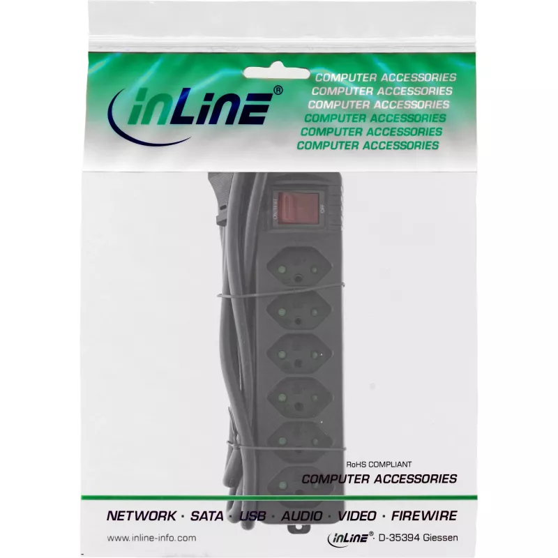InLine regleta de enchufes 6 tomas tipo suizo con interruptor negro 1,5 m