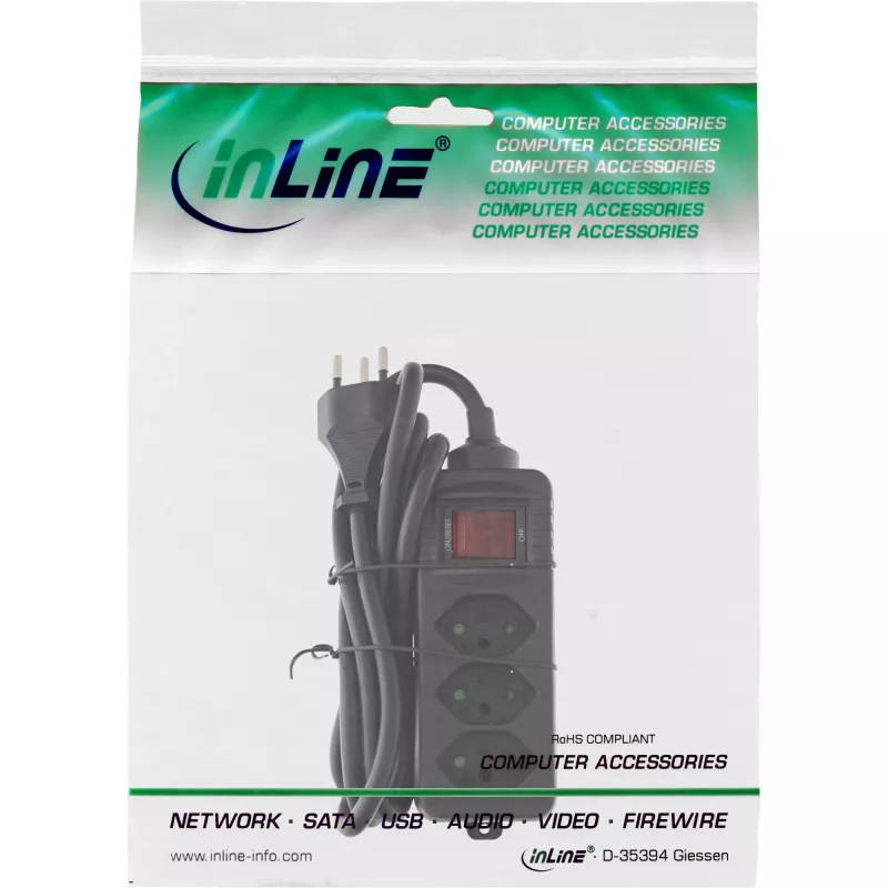 InLine regleta de enchufes SUIZA, 3 tomas, con interruptor, 1,5 m, negro