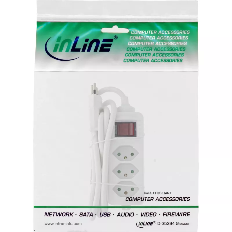 InLine regleta de enchufes SUIZA, 3 tomas, con interruptor, 1,5 m, blanco