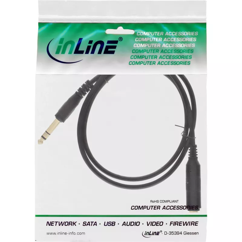 InLine cable de extensión para auriculares 6,3mm estéreo M/F, dorado, negro, 3m