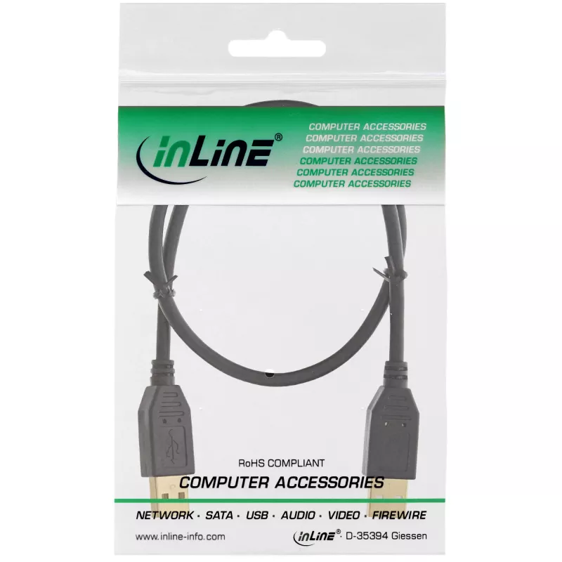 InLine cable USB 2.0, AM/AM, negro, contactos dorados, 3m